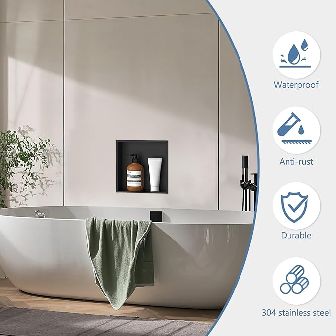 Homevacious 12“ x 12" x 4" Stainless Steel Shower Niche No Tile Needed Matte Black Bathroom Shelf Rimless Recessed Wall Niche for Bathroom Storage