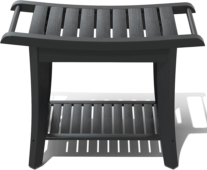 Bamboo Shower Stool Bench Waterproof with Storage Shelf for Shaving Legs or Spa Bath Seat in Bathroom & Inside Shower for Adults Seniors Elderly (24 x 13.4 x 18.5 inches+Black)