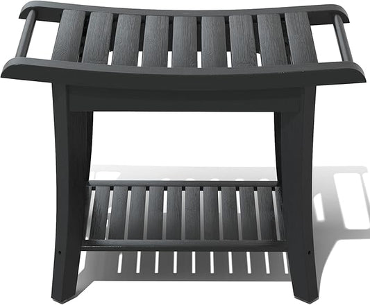 Bamboo Shower Stool Bench Waterproof with Storage Shelf for Shaving Legs or Spa Bath Seat in Bathroom & Inside Shower for Adults Seniors Elderly (24 x 13.4 x 18.5 inches+Black)