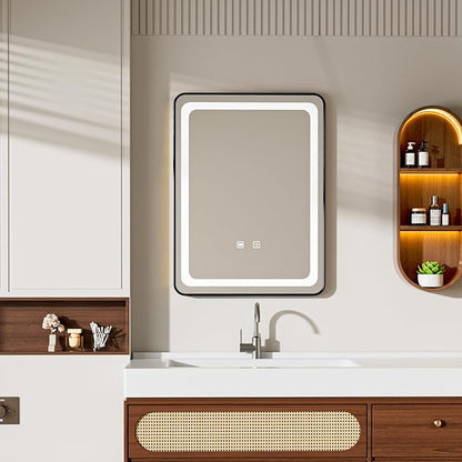 LED Bathroom Mirrors with Lights,24" x 36" Black Square LED Mirror for Bathroom,Fogless,3 Colors Dimmable, Touch Sensor