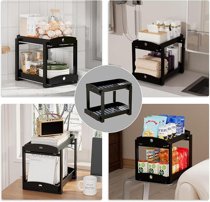 Bamboo Wood Under Sink Organizer 1 Pack, Pull Out Cabinet Organizer 2 Tier Under Sink Organizers and Storage with Sliding Drawer Sturdy Easy Assembly for Kitchen Bathroom Undersink (Black, 2 Packs)