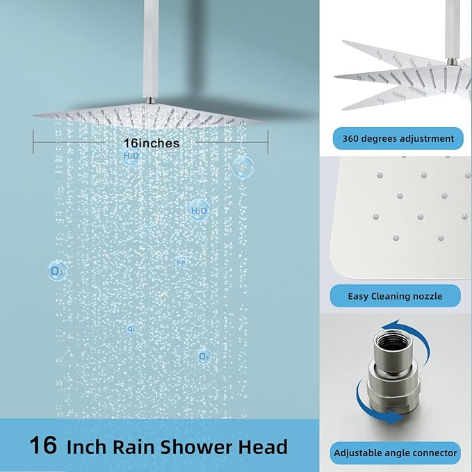 Digital Display Shower System Set 16 Inches Rain Fall Head Temperature Valve Shower Handheld Shower Head Sets for Bathroom Concealed Installation