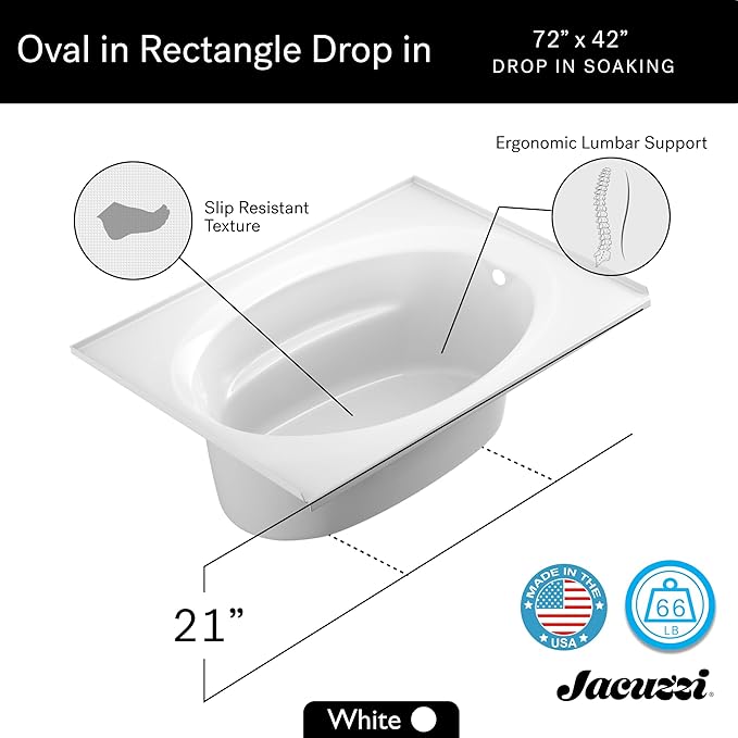 Jacuzzi SIGNATURE Acrylic Drop-In Bathtub, Soaking Sanctuary, Slip Resistant, Left Drain Placement, 72" (L) x 42" (W), Oval In Rectangle, 3-Tile Flange, White