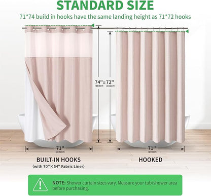 No Hooks Needed Linen Textured Shower Curtain with Snap-in Fabric Liner Set,Blush Hotel Luxury Decor Shower Curtains for Bathroom with Mesh Top Window,Waterproof & Washable,71Wx74H