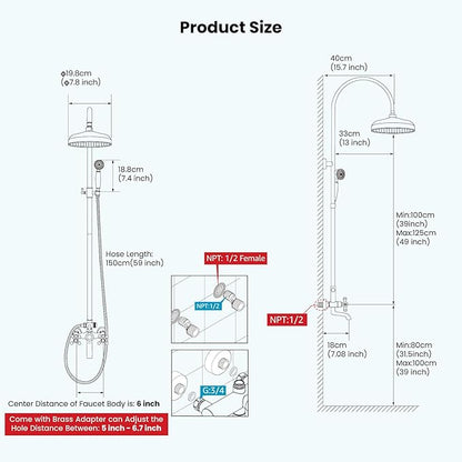 gotonovo Exposed Bathroom Shower System Classic Shower Kit 8 Inch Luxurious Rainfall Shower Head Handheld Spray Tub Filler Brass Pipe 3-Function Wall Mount Double Cross Knobs Antique Brass