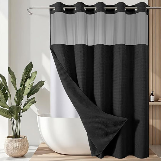 VANZAVANZU Hookless Shower Curtain with Mesh Top and Snap in Waterproof Liner, Waffle Weave, Weighted Magnets Hem, Machine Washable, 72 x 75 Inches – (Black)