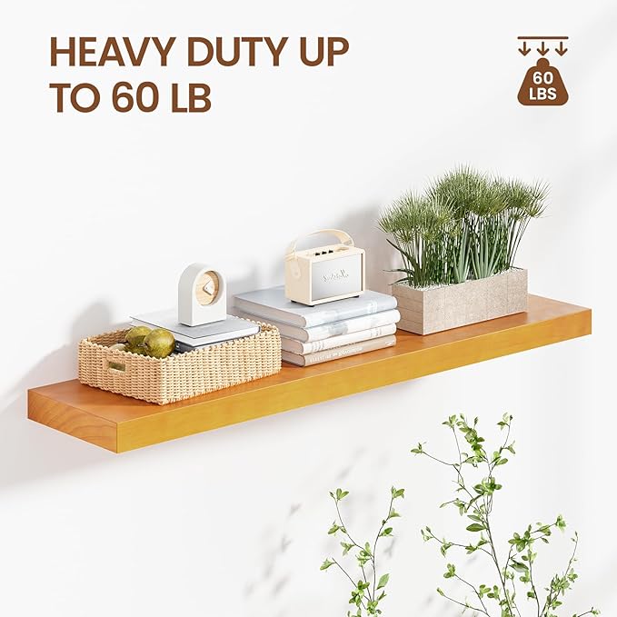 Heimlove 36 inch Floating Shelves for Wall,2 Packs Natural Pine Solid Wood Floating Shelves, 8 inches Deep Wooden Shelves for Kitchen Bedroom Office & Living Room Display Wall Decor