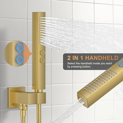 Shower Faucet Set, Ceiling Mount Rainfall Shower Head System 12" + 6" Dual Rain Shower Head Sets with 2 in 1 Handheld Spray for Bathroom with Rough-in Valve and Shower Trim Kit, Brushed Gold