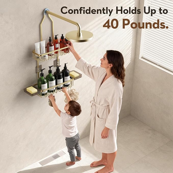 Shower Caddy Hanging, Shower Organizer Hanging, Aluminum Shower Racks for Inside Shower with Hooks for Razor, Never Rust Bathroom Organizers and Storage with Soap Holder, Gold