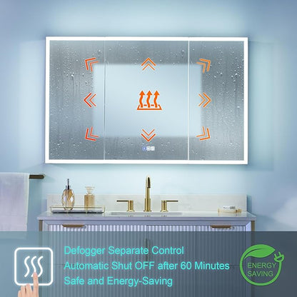 WELLFOR 48" X 30" LED Medicine Cabinet with Mirror, 3X Magnifiying Mirror Cabinet, Defogging/Dimmable Bathroom Mirrored Cabinet, Lighted Medicine Cabinet with Outlets & USB Ports, Three Doors