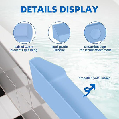 Splash Guard for Bathtub, 3.8" x 3.6" Silicone Bath Tub Splash Guard with 6 Suction Cups, Bathtub SplashGuard Play Shelf Area for Kids with 3°Drainage Slope for Faster Drying - Blue