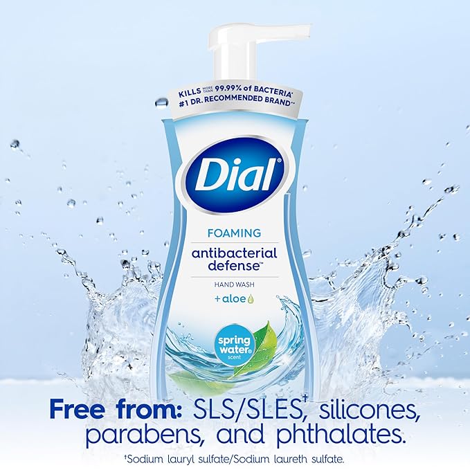Dial Antibacterial Defense Foaming Hand Soap + Aloe, Spring Water Scent, 7.5 Fl Oz (Pack of 6), Dermatologist-Tested Hand Wash, Gentle on Skin