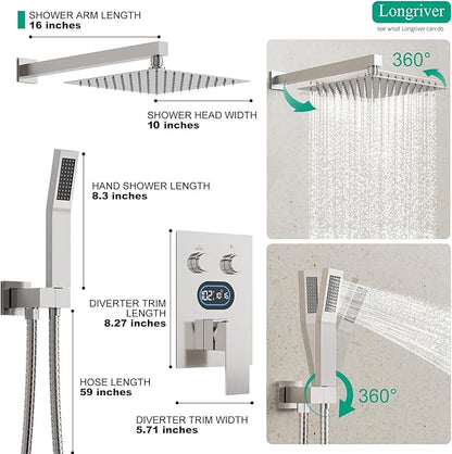 Push Button Diverter Shower Faucet Set Hydro Power Temperature Display, Shower System 10 Inch Shower Head with Handheld Spray, Wall Mounted Shower Fixtures with Valve and Trim Kit, Brushed Nickel