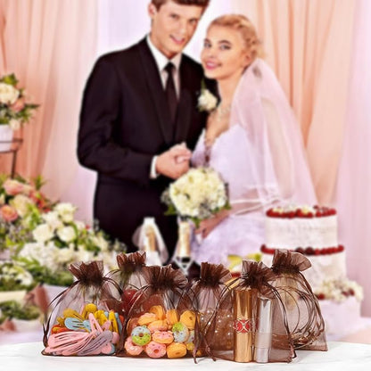Hopttreely 100PCS Sheer Organza Bags, 4x4.72 Brown Satin Drawstring Organza Jewelry Pouch Wedding Party Favor Gift Bag