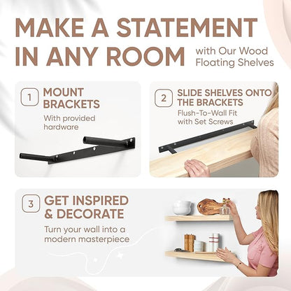 Homeforia 24 inch Wood Floating Shelves, High End Solid Natural Wood 24inch Floating Shelf for Wall, Unfinished Wooden 24 inches Floating Shelves, Heavy Duty Bracket, 24 X 6.5 X 1.75 in, Set of 2