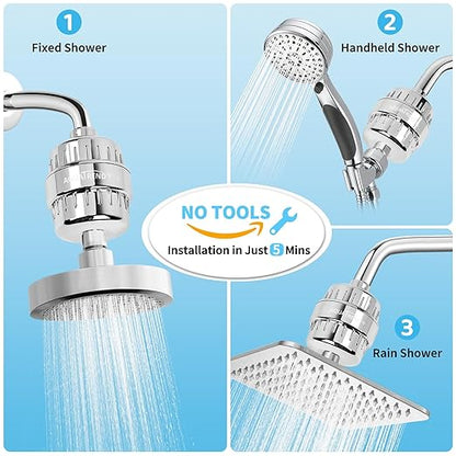 25 Stage Shower Head Filter for Hard Water, Shower Water Filter for Removing Chlorine and Fluoride, High Output Hard Water Shower Filter Improves on Skin, Hair and Nails, Polished Chrome