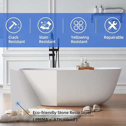 Cpingao 66.9"Lx33.5"Wx22"T Stone Resin Solid Surface Freestanding Bathtub, Modern Elegant Design Soaking Stand Alone Tub, Matte White, Nickel Drain and Overflow Included 8823A