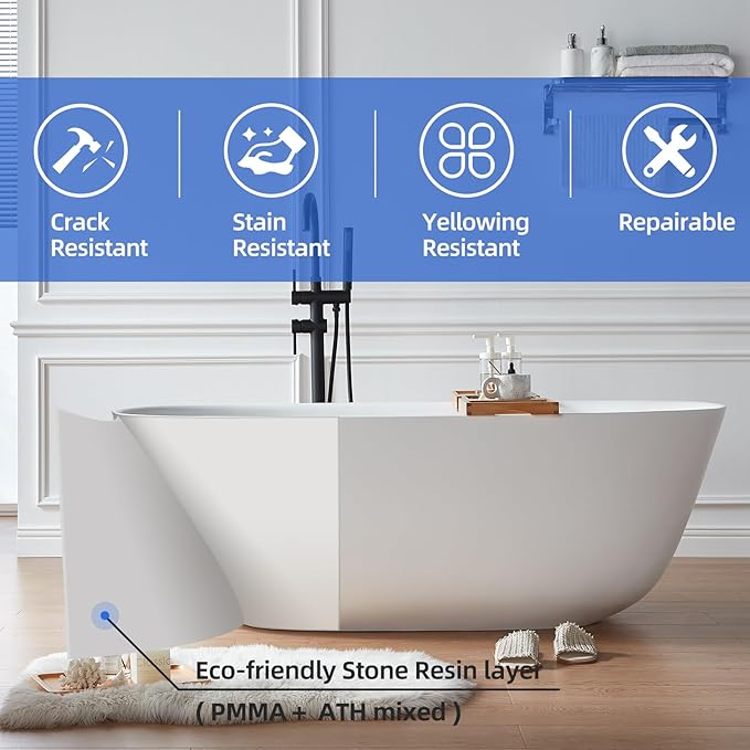 Cpingao 59" Solid Surface Freestanding Bathtub, Stone Resin Soaking Tubs, Stand Alone Tub with Pop-up Drain and Overflow, Matte White 8823A-1500