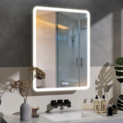 BEAUTYPEAK 24 x 32 LED Bathroom Medicine Cabinet Mirror, Adjustable Shelves, Silver Aluminum Cabinet, Anti-Fog Stepless Dimmable 3 Colors White/Natural/Warm, Easy to Install(Wall Mount/Recessed)