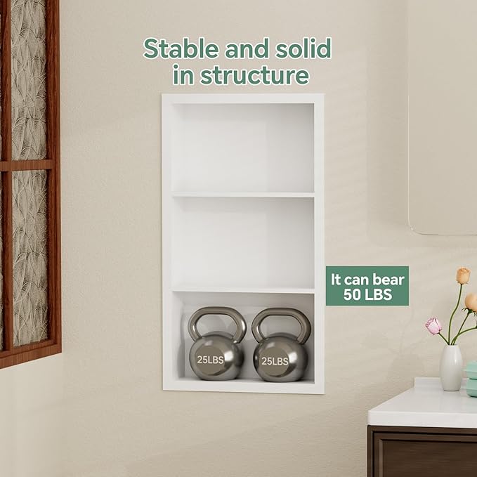 Stainless Steel Recessed Medicine Cabinet 14''*24'', Rust-Proof Metal Wall Niche, in Wall Shower Niche Shelf Insert Replacement, Recessed Medicine Cabinets for Drywall, Bathroom Storage, White