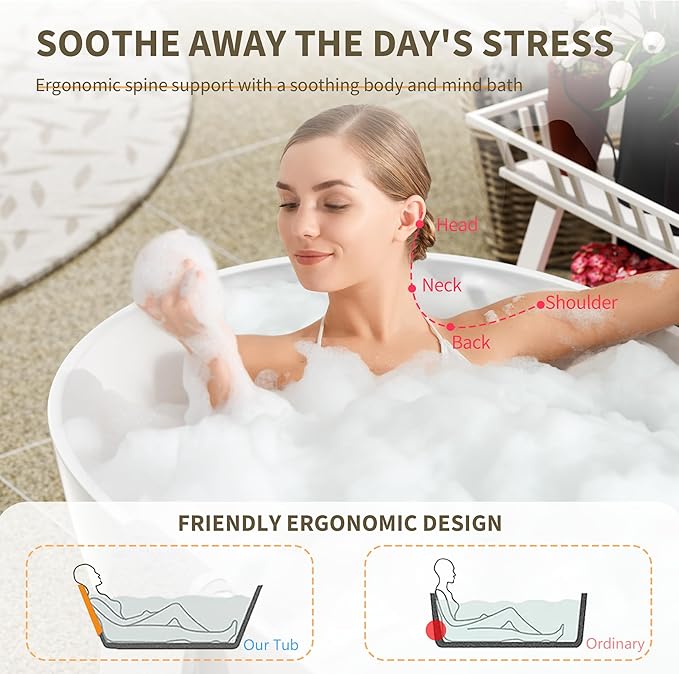 Abruzzo 63" Freestanding Solid Surface Bathtub - Engineered Stone Resin Soaking Tub with Overflow & Pop-Up Drain, cUPC Certified Glossy White, 74-Gallon Capacity Oval Tub for Modern Bathrooms