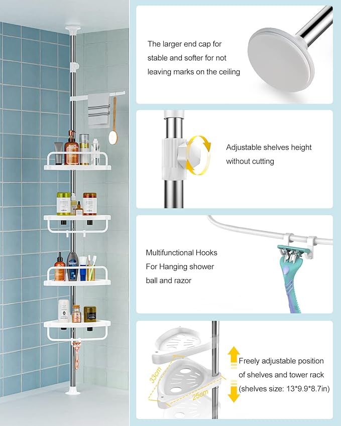 ADOVEL 4 Layer Corner Shower Caddy, Adjustable Shower Shelf, Constant Tension Stainless Steel Pole Organizer, Rustproof 3.3 to 9.8ft