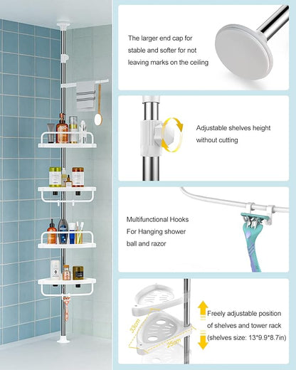 4 Layer Corner Shower Caddy, Stainless Steel Constant Tension Pole Shower Organizer, Adjustable Corner Shower Shelf, Rustproof 3.3 to 9.8 ft