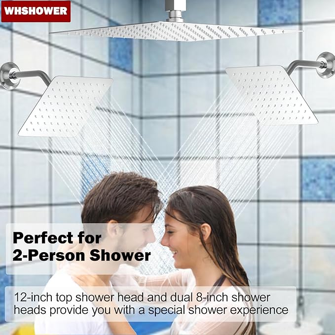 Triple Shower Head Shower System Chrome Full Body Shower System with Digital Display Shower Valve, 12"+8"+8" Three Top Shower Heads,Handheld Shower and Body Jets
