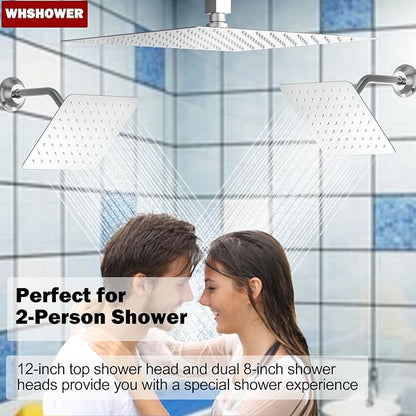 Triple Shower Head Shower System Chrome Full Body Shower System with Digital Display Shower Valve, 12"+8"+8" Three Top Shower Heads,Handheld Shower and Body Jets