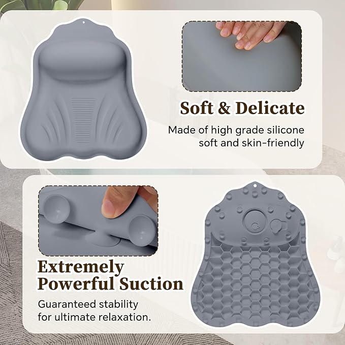 Silicone Bath Pillow for Tub Adults, 4D Air-Cushion Bathtub Pillow for Head Neck and Back Support, Non-Slip Suction Cups, Quick-Drying Waterproof Spa Pillow, Easy to Clean & Store，Gray