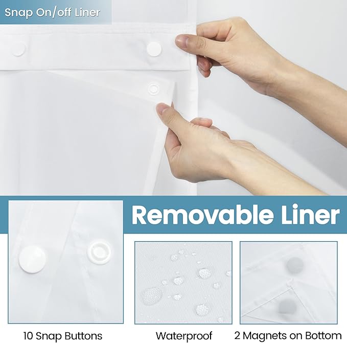 Stall No Hook Shower Curtain with Snap in Liner,230GSM Waffle Weave Shower Curtains for Bathroom,60W x 74H,White