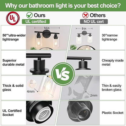 2-Light Bathroom Light Fixtures, Black Modern Vanity Lights with Clear Glass Shade, Bathroom Wall Lamp for Mirror Kitchen Living Room Hallway Cabinet Porch