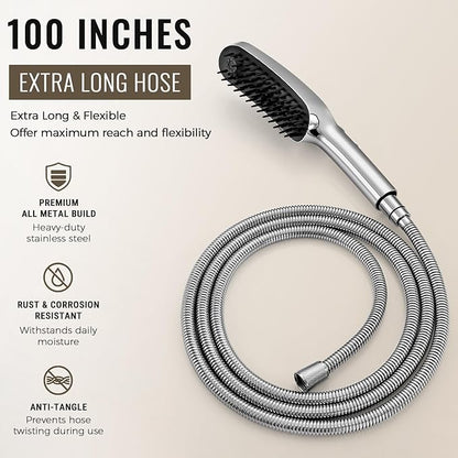 G-Promise 3 Mode Dog Shower Attachment with Pause Mode, Dog shower Sprayer with 100 Inches Stainless Steel Hose, Metal Diverter, Adhesive Holder, for Fast and Easy Dog Bathing and Cleaning(Chrome)