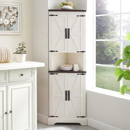Tall Farmhouse Corner Cabinet with 4 Doors and Adjustable Shelves, Farmhouse Storage Cabinet with Barn Door Design, Home Space Saver for Living Room, Kitchen, Laundry Room (Antique White)