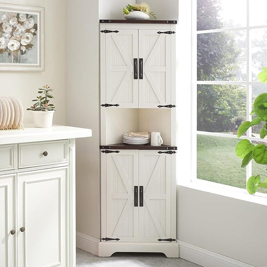 Tall Farmhouse Corner Cabinet with 4 Doors and Adjustable Shelves, Farmhouse Storage Cabinet with Barn Door Design, Home Space Saver for Living Room, Kitchen, Laundry Room (Antique White)