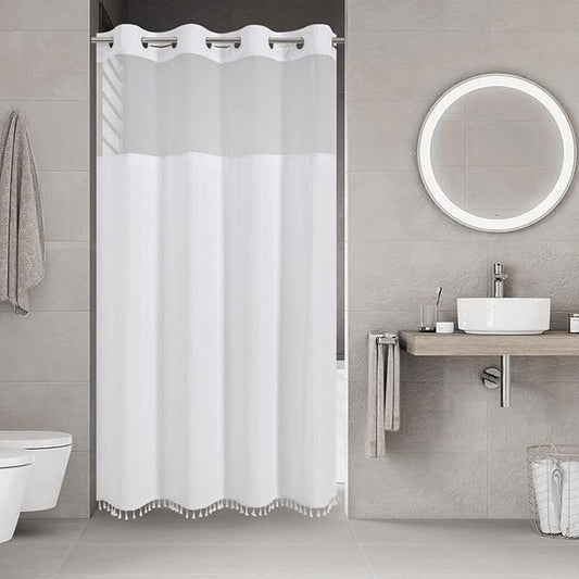 No Hook Stall Shower Curtain with Snap-in Fabric Liner - 54x80 Heavy-Duty Linen Textured Striped Design,Narrow Rustic Modern Farmhouse Bohemian Bathroom Curtain,Water-Repellent,White