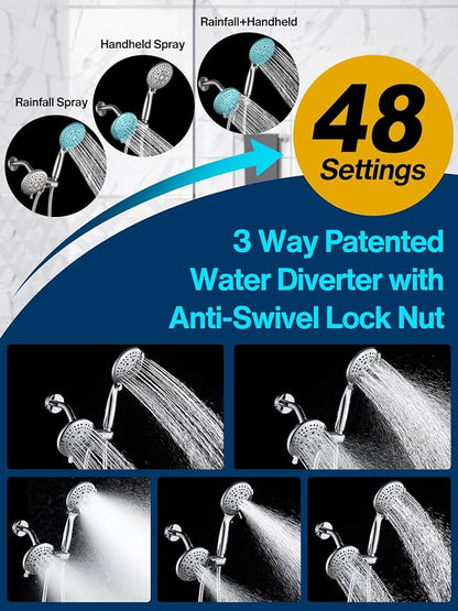 Cobbe 48-Setting High Pressure 3-Way Shower Head Combo, Hand Held Shower & Rain Shower Separately or Together, 4.7" Dual 2 in 1 Showerhead with Hose - Brushed Nickel - U.S. Invention Patents