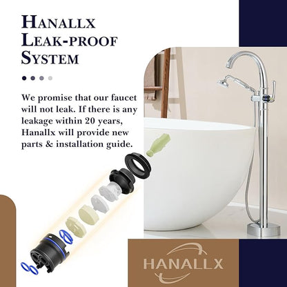 Free Standing Tub Faucet, Hanallx Luxury Polished Chrome Freestanding Bathtub Faucet with Sprayer, Premium Brass High Flow Rate Floor Mount Tub Filler Swivel Spout, Roman Tub Faucet Set（HM88011-CP）