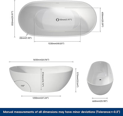 65" Acrylic Freestanding Bathtubs, Stand Alone Tub, Soaking Tubs for Bathroom, Integrated Overflow and Drain, cUPC Certified, Gloss White