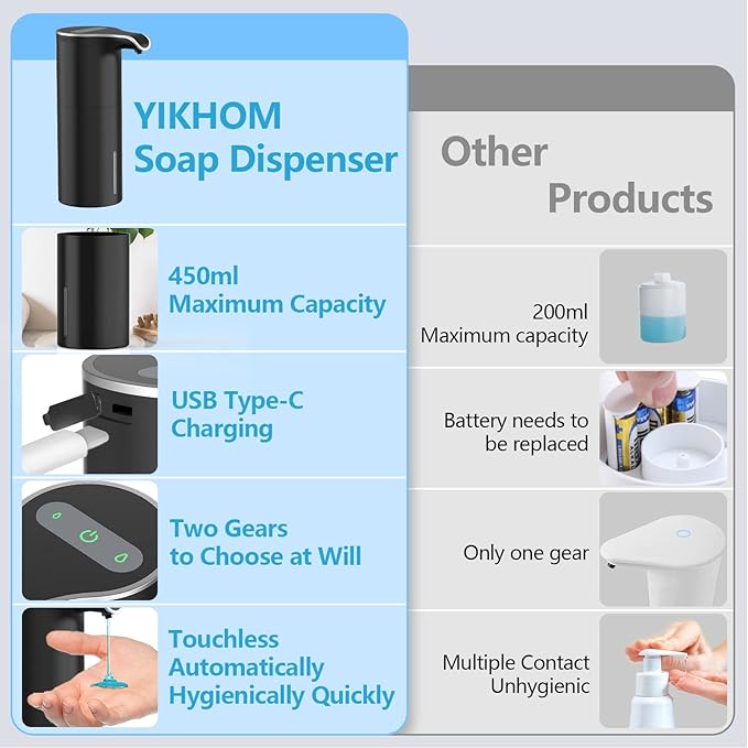 YIKHOM Automatic Liquid Soap Dispenser, Touchless Dish Dispenser, 5 Level Adjustable Sensor Dispenser, 15.37 oz/450mL Hand Soap Dispenser, USB C Rechargeable for Bathroom Kitchen