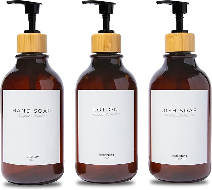 MaisoNovo Refillable Shampoo and Conditioner Bottles | 16.9 fl oz Set of 3 Amber Plastic Bottles Black Bamboo Pumps