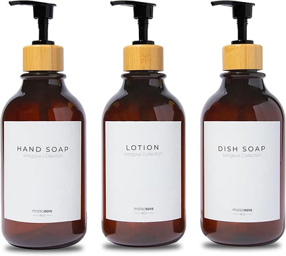 MaisoNovo Refillable Shampoo and Conditioner Bottles | 16.9 fl oz Set of 3 Amber Plastic Bottles Black Bamboo Pumps
