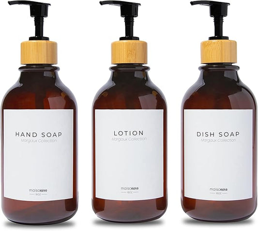 MaisoNovo Refillable Shampoo and Conditioner Bottles | 16.9 fl oz Set of 3 Amber Plastic Bottles Black Bamboo Pumps