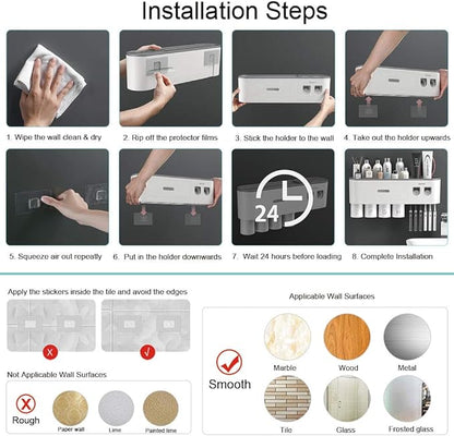 Toothbrush Holders Wall Mounted, Toothbrush Holder with Automatic Toothpaste Dispensers, 6 Brush Slots, 3 Magnetic Cups,1 Cosmetic Drawer Organizer and 1 Large Storage Tray