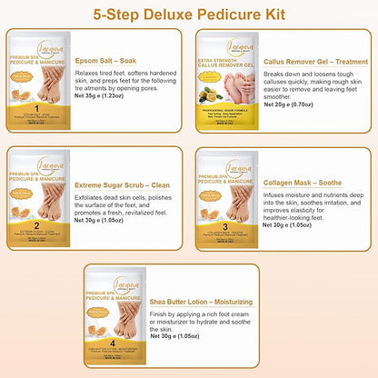 Epsom Salt Soak, Callus Remover Gel, Extreme Sugar Scrub, Collagen Mask & Shea Butter Lotion – Professional Spa Foot Care System 5 Step Luxury Pedicure Kit. Milk & Honey 50 Set