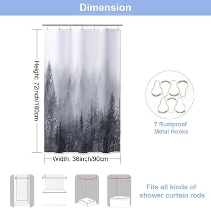 ORTIGIA 36x72 Misty Forest Stall Shower Curtain for Small Bathroom, Grey Half Size Narrow Nature Woodland Shower Curtain Set with Hooks, Waterproof Fabric Pine Tree Fog Magic Home Bath Curtain