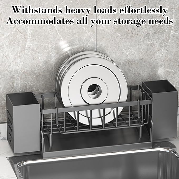 Kitchen Sink Caddy Organizer, Sponge Holder for Kitchen Sink with Drain Tray, 3 Compartments Utensil Drying Rack, Kitchen Utensils Holder with Towel Bar, Kitchen Countertop Organizers