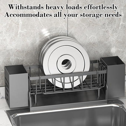 Kitchen Sink Caddy Organizer, Sponge Holder for Kitchen Sink with Drain Tray, 3 Compartments Utensil Drying Rack, Kitchen Utensils Holder with Towel Bar, Kitchen Countertop Organizers