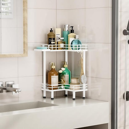 HapiRm Corner Shower Caddy Standing - 2 Tier Shower Organizer Corner with Soap Holder, Rustproof Bathroom Standing Organizer with 2 Hooks, White