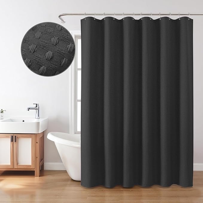 Inhousolu Fabric Shower Curtain Waffle Weave, 230 GSM Heavy Duty, Weighted Hem, 14 Metal Hooks, Water Repellent, Machine Washable, Hotel Spa Luxury Bath Curtain Set, 72 x 78 Inch, Black
